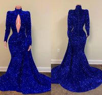 Formale Keyhole Collo Royal Blue Abiti da sera Sequined Sweep Train Mermaid Plus Size Prom Dress Abiti da festa