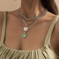 Pendant Necklaces Hip Hop Green Color Metallic Enamel Love Heart Necklace For Women Girls Three-layer Alloy Chain Accessories