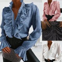 Kadın Bluzlar Gömlek Kadın Zarif Ruffles Seksi V Boyun Düğmeler Retro Denim Mavi Uzun Kollu Bluz Gömlek Ofis Bayan Bahar Rahat Slim