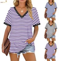 여성용 티셔츠 Haoohu 여름 2021 줄무늬 V 넥 풀오버 레저 기질 해군 줄무늬 셔츠 짧은 소매