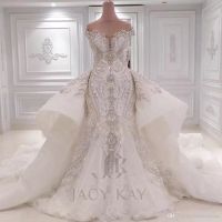 Luxury Crystal Beaded Lace Appliqued Off the Shoulder Pearl Mermaid Wedding Dresses With Detachable Sweep Train Sequined Bridal Gowns