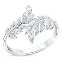 Fashion Feather Leave Shape Crystal Ring Utsökt Justerbar Smycken Ring för Kvinnor Flickor Party Wedding Gift Dekoration Tillbehör