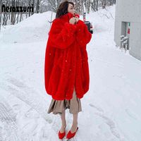 Nerazzurri Oversized vermelho espesso quente macio fofo fofo casaco de pele mulheres raglan manga comprida casacos de pele longa para o inverno para as mulheres 211118