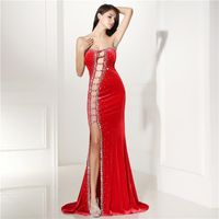 Party Dresses Sexy Cut Out Red Velour Evening Long Beading Mermaid Prom Plus Size Formal Dress Women Elegant Gala Gowns