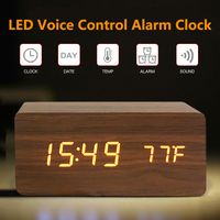 Top LED Wooden Alarm Clock Watch Table Voice Control Digital...
