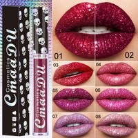 Cmaadu labelo gloss cosméticos cosméticos crânio glitter flip metal lipgloss shinning longo durando batom metálico 8 cores