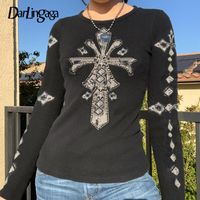 Женская футболка DARLINGAGA Grunge Goth Printed Rhinestone Осень футболка Женщины с длинным рукавом Ретро Темные Академии Топы Thechwear Pullover Slim