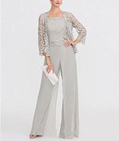 2021 Zarif Şifon Anne Gelin Pantolon Kısa Dantel Ceket Ile Ucuz Düğün Konuk Elbiseler Kadınlar Plaj Ülke Örgün Parti Giyim