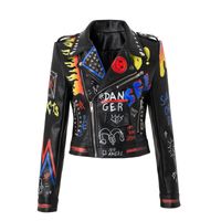 Bayan Ceketler Perçin Boncuk PU Deri Ceket Kadın Grafiti Renkli Baskı Biker Mont Punk Streetwear