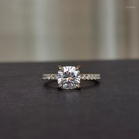 Cluster Rings DovEggs 14K Yellow Gold 1.5ct 7mm F Color Cushion Cut Moissanite Engagement Half Band Accent