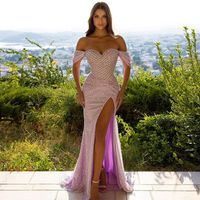 Off Shoulder Arabic Sequined Mermaid Evening Dresses High Side Split Sweep Train Kortärmad Formell Prom Party Gowns
