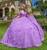 Bezaubernde Schulterschulter Purpurer Pailletten Perlen Quinceanera Kleider Sweet 16 Kleid Vestidos de 15 Años 2021 Lavendel