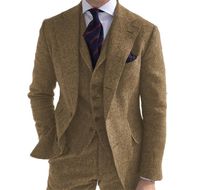 Erkek Takım Elbise Blazers 3 Parça Erkek Yün Iş Retro Klasik Herringbone Desen Damat Tüvit Smokin Düğün için (Blazer + Pantolon + Yelek)