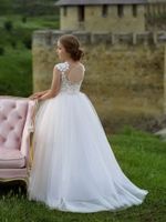 Flor blanca Girl Weddings Party Ceremonia Vestido Mangos Mangos Tulle Lace Primero Comunión Vestidos para niñas pequeñas 2021