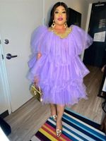 Party Dresses Purple Puffy Tulle Prom Short Knee Length Plus Size Aso Ebi Ruffled Evening Gowns Gold Lace Appliques Dress