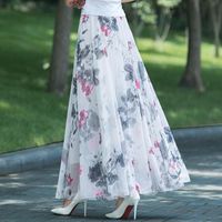 WSLCN Femme Eté A-Line Mi-Longue Jupe Plissée en Chiffon Fleur Imprimée Taille Haute Elastique Jupe de Plage Elégant Vintage