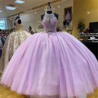 Açık Mor Quinceanera Elbiseler 2022 Halter Boncuk Tül Balo Tatlı 16 Elbise Dantel-Up Geri Vestidos De 15 Años