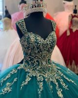 Vintage Koyu Yeşil Nakış Quinceanera Elbiseler Kristaller Boncuk Uzun Dantel Balo Balo Brithday Parti Abiye Kızlar için Tatlı 16 Elbise Vestidos De 15 Años