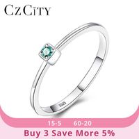 Czcity Genuine 925 Sterling Silver Vvs Green Topaz Wedding Rings for Women Minimalist Thin Circle Gem Rings Jewelry Carving S925 Q0708