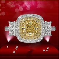 Yellow Gemstone Stones Women Simulated Diamond Ring 6*6mm Cushion Cut With 925 Sterling Silver Plated 18k White Gold Baroque Design Lady Wedding for Couple Rings Gift