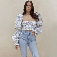 Women's Blouses & Shirts Hirigin 2022 Ins Style Ladies Sexy Crop Tops T-shirts Princess Sleeves Floral Print Long Puff Sleeve Short Top Wome