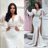 Sheer V Neck Lace Mermaid Wedding Dresses Floor Length Bridal Gowns Puff Long Sleeve Side Split Second Reception Gowns