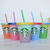 16 oz renk değişimi Tumblers plastik içme suyu bardağı ile dudak ve saman sihirli kahve kupa kostom starbucks renk değiştirme plastik bardak
