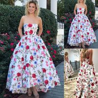 Stunning High Low Prom Dresses Sleevesless Strapless Neckline Floral Evening Gowns Formal Dress
