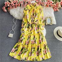 Günlük Elbiseler Kadınlar Zarif Parti Elbise Bahar Sonbahar Yay-Düğüm Dantel-Up Vintage Çiçek Bayanlar Puf Kol Baskı Bohemian Uzun Robe
