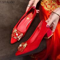 Платье обувь роскошные стразы сквозь пряжка красная невеста свадьба 4 см середина каблуки коренастый каблук высокие каблуки китайский стиль XIUHE обуви леди насосы