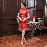 Odzież Etniczna 16 Kolor Satin Chiński Tradycyjna Sukienka Dla Kobiet QIPAO Krótki Vintage Dragon Drukuj Red China Style Wedding Cheongsam S-6XL