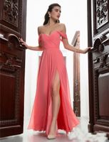 Watermelon Chiffon Prom Dresses Off Shoulder Ruched Sweethea...