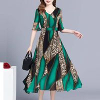 Casual Dresses Women Vintage Leopard Skriv ut Patchwork Boho Dress Plus Storlek Sommar Modis Beach V-Neck Formell Elegant #YJ