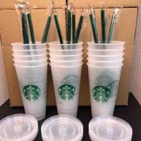 무료 DHL 배송 Starbucks 24oz / 710ml 플라스틱 텀블러 재사용 가능한 명확한 마시는 평면 바닥 컵 기둥 모양 뚜껑 짚 머그잔 50pcs
