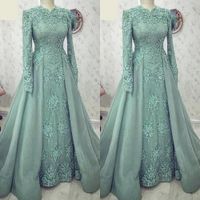 2022 Turquoise Muslim Evening Dresses Wear Long Sleeves Appliques Lace Prom Party Gowns Dubai Arabic Special Occasion Formal Dress Plus Size A Line