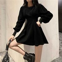 QWEEK Sonbahar Siyah Mini Elbise Bahar Moda Kore Tarzı Wrap Uzun Kollu Pileli Elbise Rahat Wrap Streetwear Kadınlar KPOP 211023