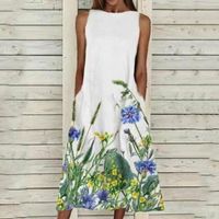 Casual Dresses Summer Women Dress Floral Print Hem Sleeveless Ankle-Length For Large Loose Kaftan Maxi With Pockets