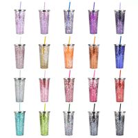 20 Colors! 24oz Plastic Glitter Tumbler with Lid and Straw Double Wall Insulated Tumbler Spipy cup Travel Cups Water Cup Reusable Cup With Straw CG001