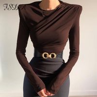 Kadın T-shirt FSDA 2021 O Boyun Kahverengi Uzun Kollu Kırpma Üst Kadınlar Temel Rahat Sonbahar Kış Seksi T Shirt Siyah Dantelli Streetwear Moda