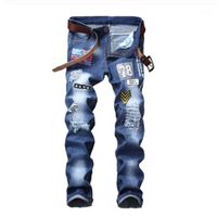 Men's Jeans Male American Flag Patches Design Blue Denim Holes Ripped Distressed Slim Straight Pants Trousers