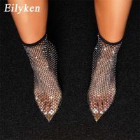 Eilyken Design Crystal Mesh Stretch Fabric Sock Boots Fashion PVC Transparent Pointed Toe Shoes Sexy High Heels 220121