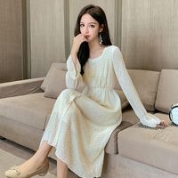 Günlük Elbiseler Kadın Tek Parça Elbise Sonbahar 2022 Ofis Lady Kore Tarzı Uzun Kollu Katı Dantel Kare Yaka Yüksek Bel