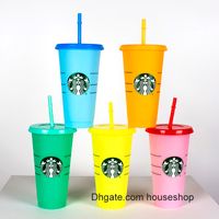 DHL Starbucks tazza tazza di paglia 24 once / 710ml tumbler in plastica riutilizzabile chiaro nero e colore cambiando bere flat bottom tazze tazze a forma di pilastro coperchio