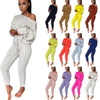 Solid Long Sleeve Set Autumn Winter Two Piece Pants Sweater Outfits Sexy Off Shoulder Loose Top Pencil Suit