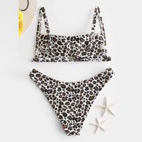 Swimwear Mulheres Sexy Leopard Imprimir Alto Corte Perna Bikini Set Dois Peça Verão Push-up Pushpy Swimsuit G-String Thong Feminino