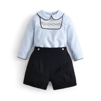 2 adet Çocuk Butik Erkek Smocked Giysi Set Bebek İspanyol Tarzı Giyim Suit Toddler El Yapımı Skocking Bluzlar Siyah Şort 220216