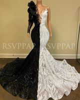 검은 흰색 인어 긴 무도회 드레스 2023 새로운 도착 반짝이는 길이 긴 소매 아프리카 소녀 무도회 드레스