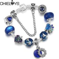 Charme Armbänder 41 Stil blaue Vintage Silber Farbe Armband mit Herz Füße Sterne Kristallperlen Marke für Frauen Geschenk Drop