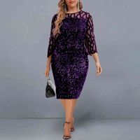 Fashionable large Sequin new year dress, mesh sleeve evening dress, spring, round neck, club suit 5XL, 2022