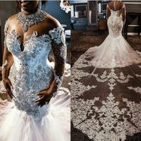 2021 Sheer maniche lunghe pizzo sirena abiti da sposa abiti da sposa in pizzo applique in rilievo cristalli da sposa abiti da sposa su misura